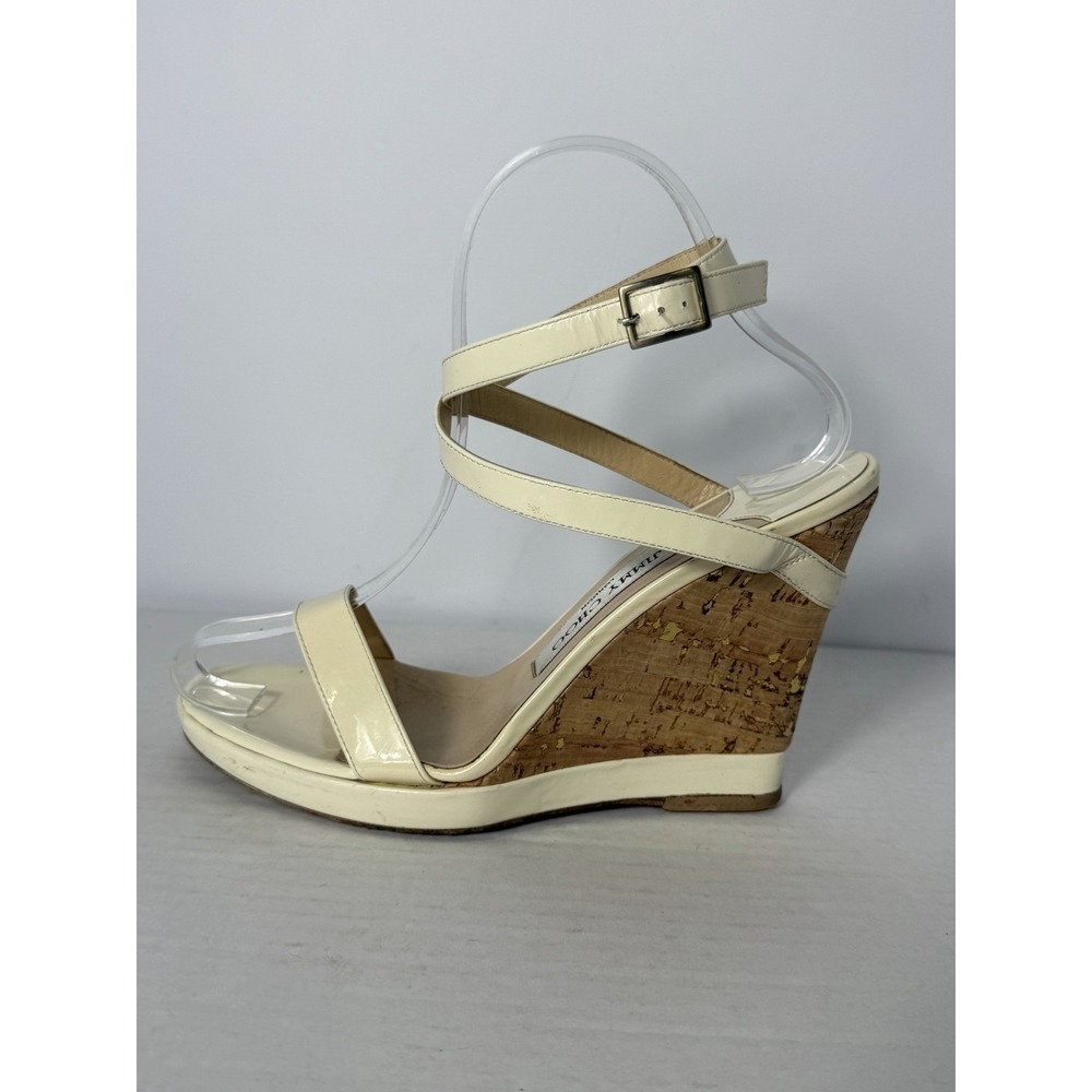 Jimmy Choo‎ London Wedge Sandals Women's Size 7 Cream Open Toe Ankle Strap - Picture 3 of 7